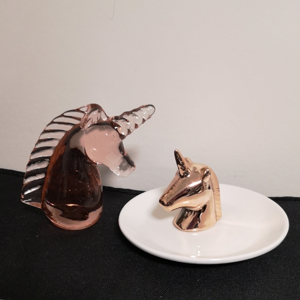 Set of Two Unicorn Collectibles, Pink Glass Paperweight Figurine & Trinket Dish